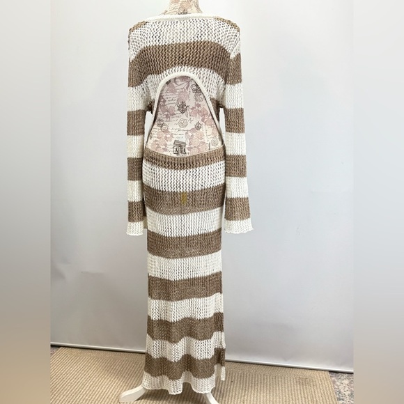 RIVER ISLAND Cream and Tan Striped long sleeve open back Swim Coverup size L - Picture 5 of 16